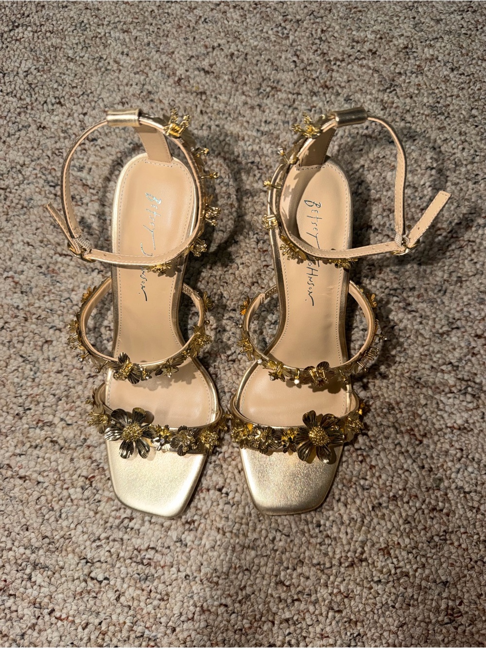 Betsey Johnson Metallic Gold Floral Pearl-Stack Heeled Sandals - Picture 6 of 6
